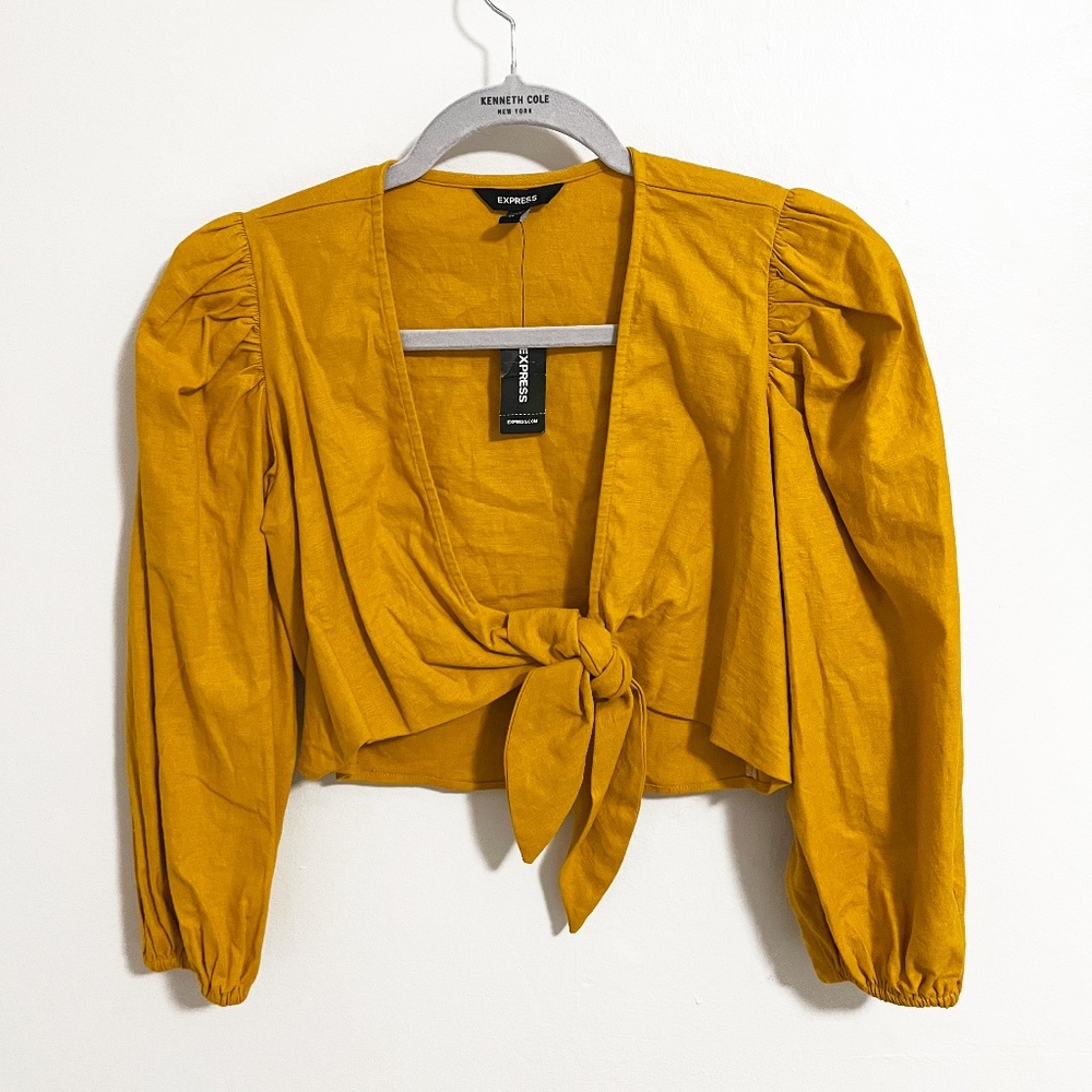 Linen-Blend Tie Front Puff Sleeve Cropped Top